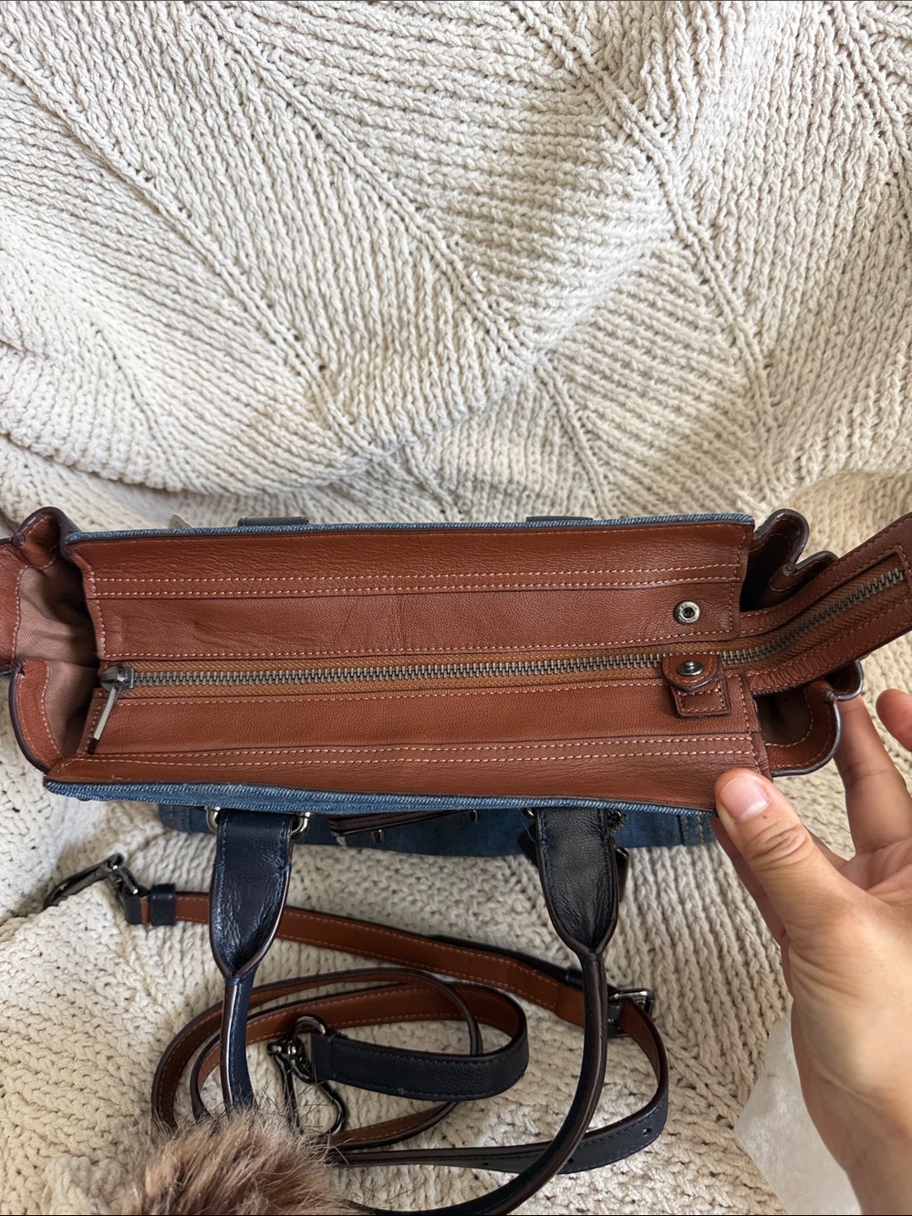 Denim and dark nevy Leather Top-Handle Satchel with Brown Trim - Picture 4 of 8
